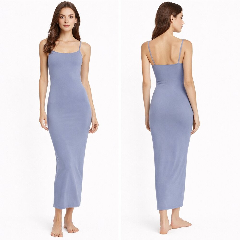 SKIMS Fits Everybody Long Slip Dress Maxi Grey Blue Sz S Soft Cozy Comfortable